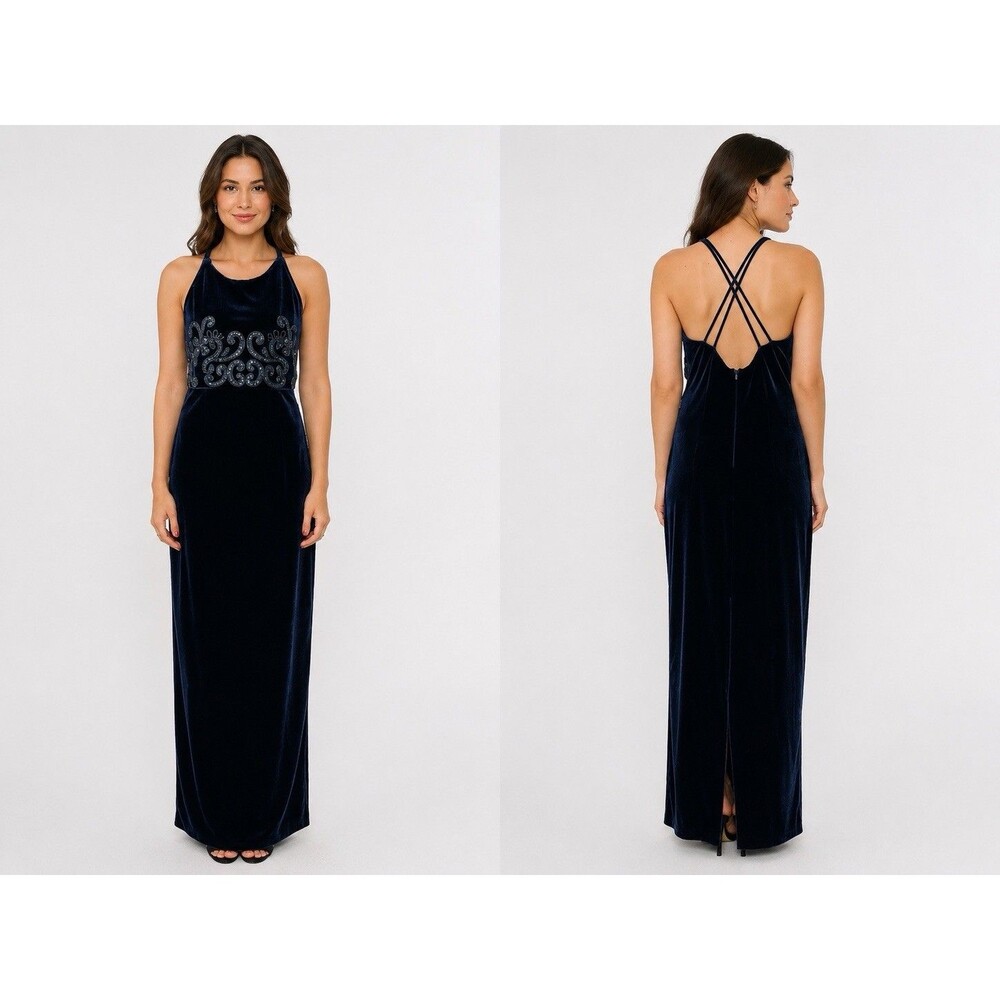 Vintage 90s Navy Velvet Maxi Dress Glitter Applique Formal Evening Gown Small